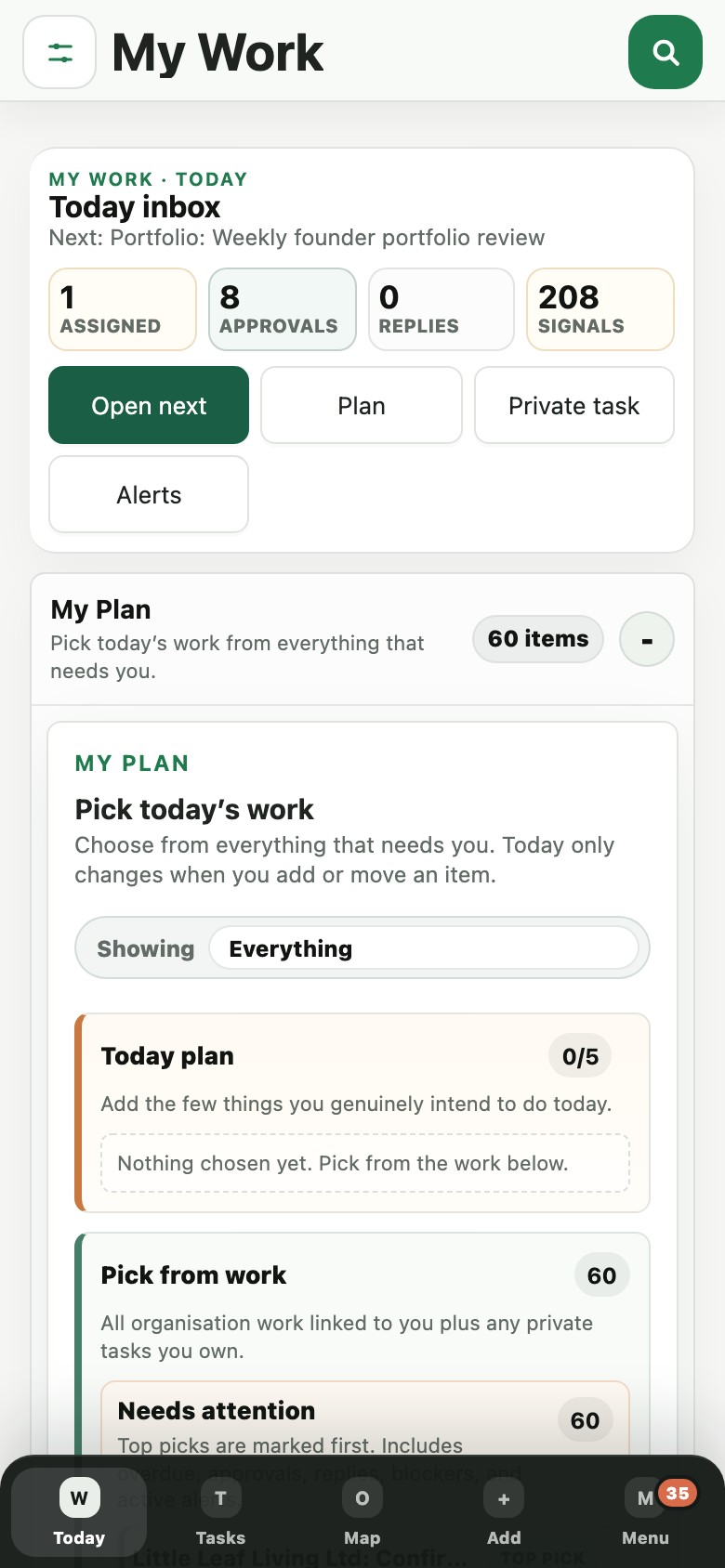 SOVHELM mobile My Work queue with assigned work, approvals and due pressure