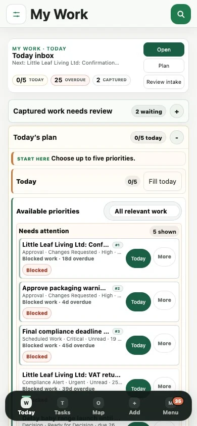 SOVHELM mobile My Work queue with assigned work, approvals and deadline status